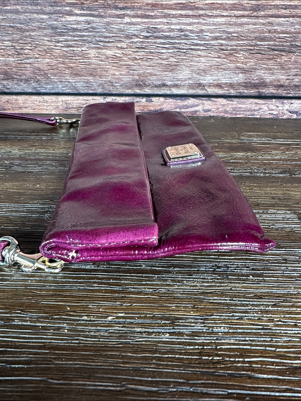 Dooney & Bourke Plum Patent Leather Fold-Over Clutch Shoulder Bag - Picture 6 of 10